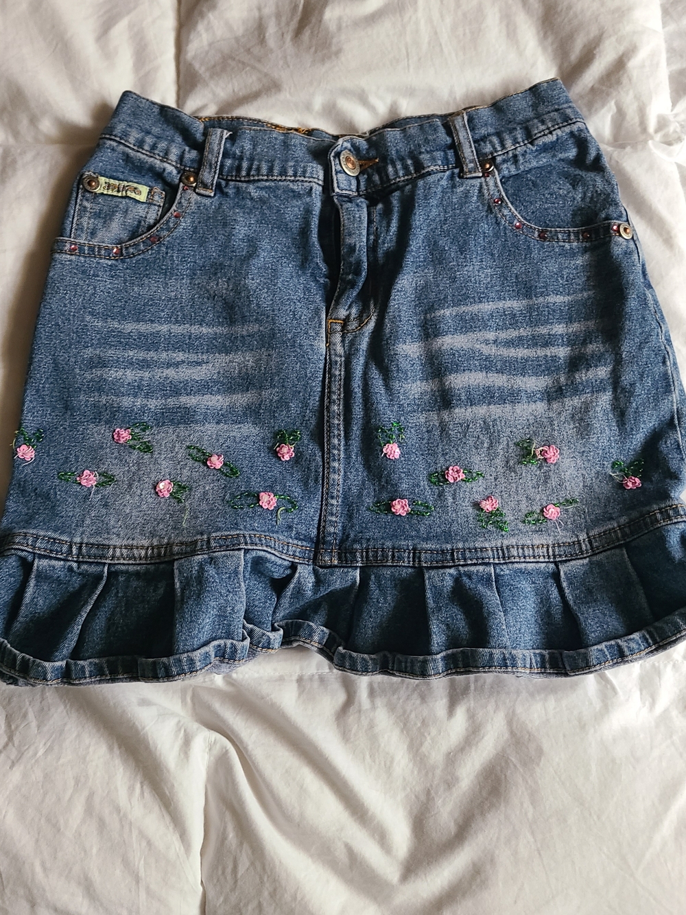 english rose Blue Denim Mini Skirt with Pink Rose Embroidery